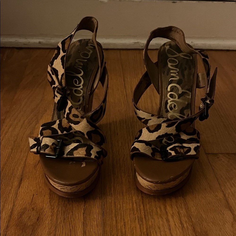 Sam Edelman Tan and Black Leopard Platform Sandals